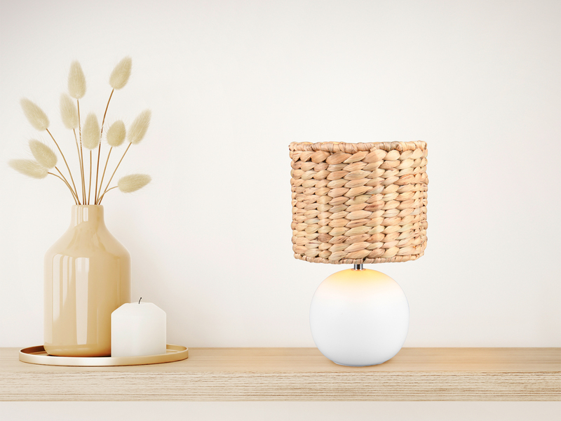 LED Tischleuchte Keramikfuß Weiß mit Seegras Lampenschirm, Höhe 29cm