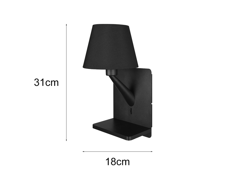 Wandleuchte COMFORT mit Stecker, Schalter & Ladefunktion, Schwarz H: 31cm