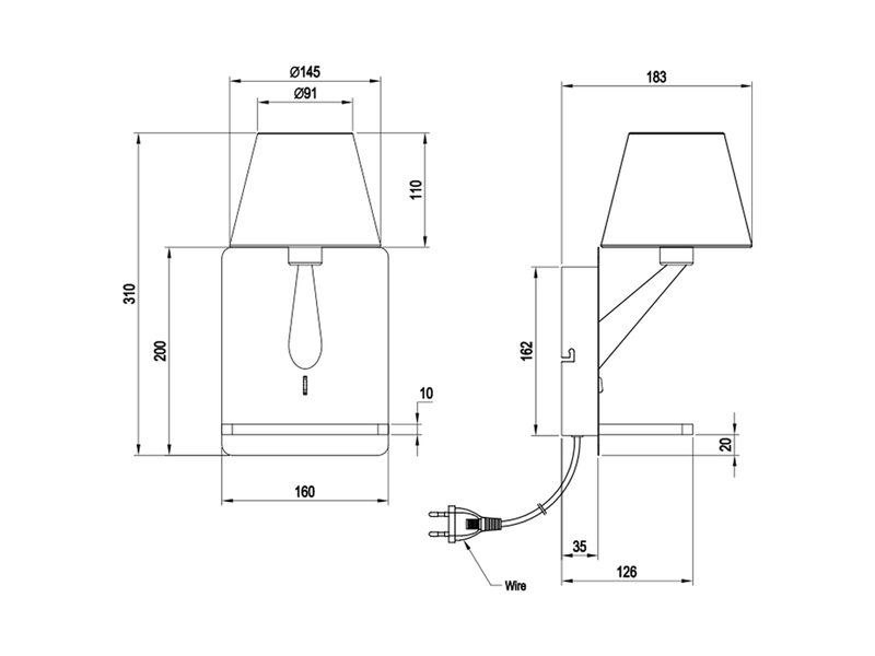 Wandleuchte COMFORT mit Stecker, Schalter & Ladefunktion, Schwarz H: 31cm