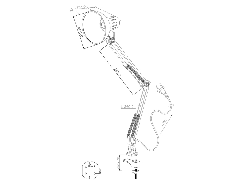 Retro Schreibtischlampe TAJO zum Klemmen, Aluminiumfarbig, max. Höhe 73,5cm