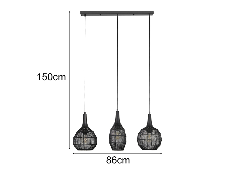 Balkenpendelleuchte SORAYA 3-flammig mit Drahtgeflecht Schwarz, Breite 86cm