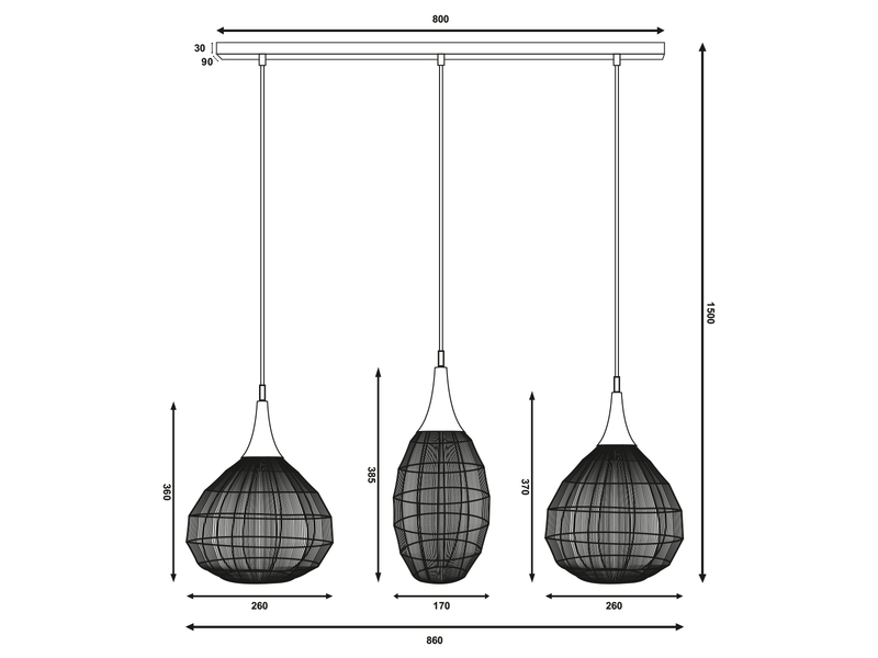 Balkenpendelleuchte SORAYA 3-flammig mit Drahtgeflecht Schwarz, Breite 86cm