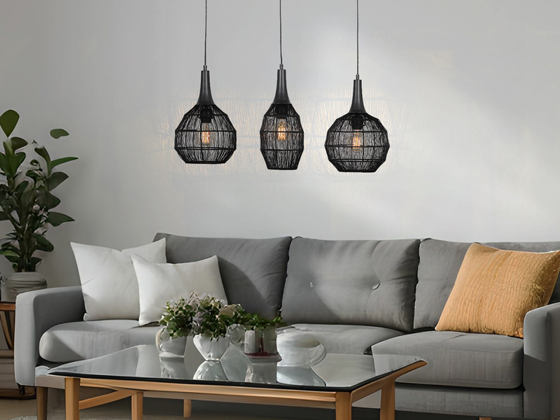 Pendelleuchte SORAYA 3-flammig mit Drahtgeflecht Schwarz, Breite 86cm