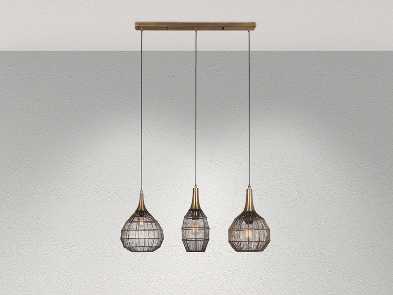 Pendelleuchte SORAYA 3-flammig mit Drahtgeflecht Altmessing, Breite 86cm