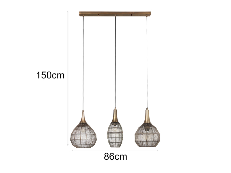 Pendelleuchte SORAYA 3-flammig mit Drahtgeflecht Altmessing, Breite 86cm