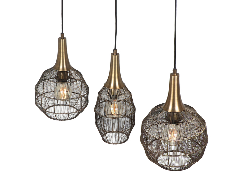 LED Pendelleuchte 3-flammig mit Drahtgeflecht Altmessing, Breite 86cm