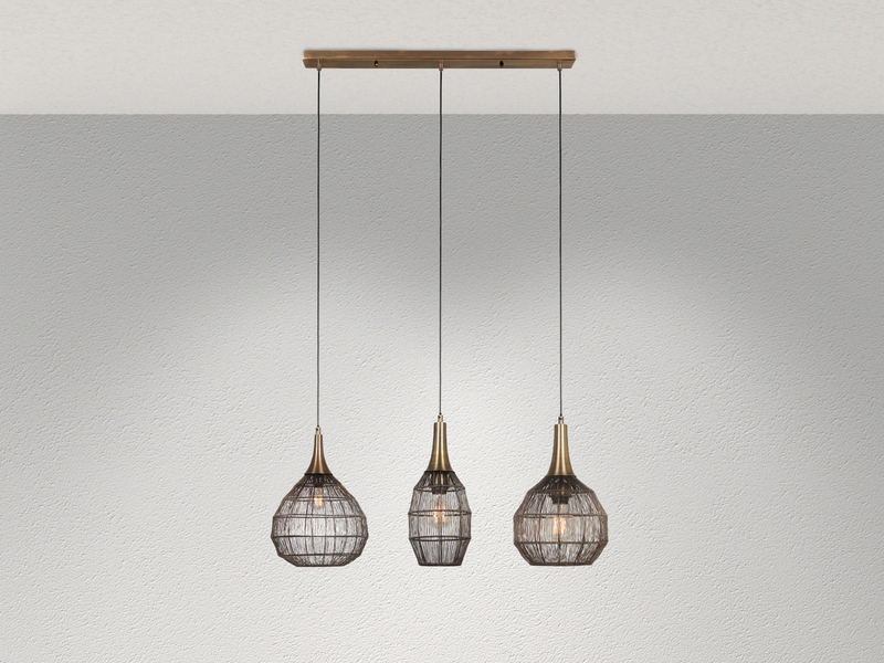 LED Pendelleuchte 3-flammig mit Drahtgeflecht Altmessing, Breite 86cm