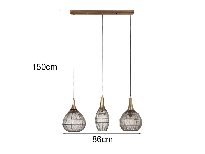 LED Pendelleuchte 3-flammig mit Drahtgeflecht Altmessing, Breite 86cm