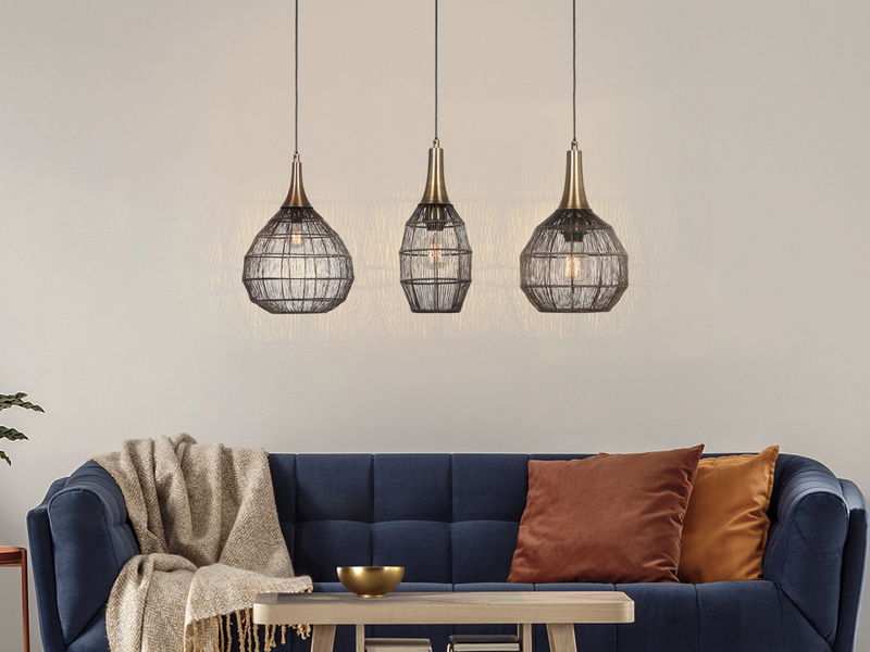 LED Pendelleuchte 3-flammig mit Drahtgeflecht Altmessing, Breite 86cm