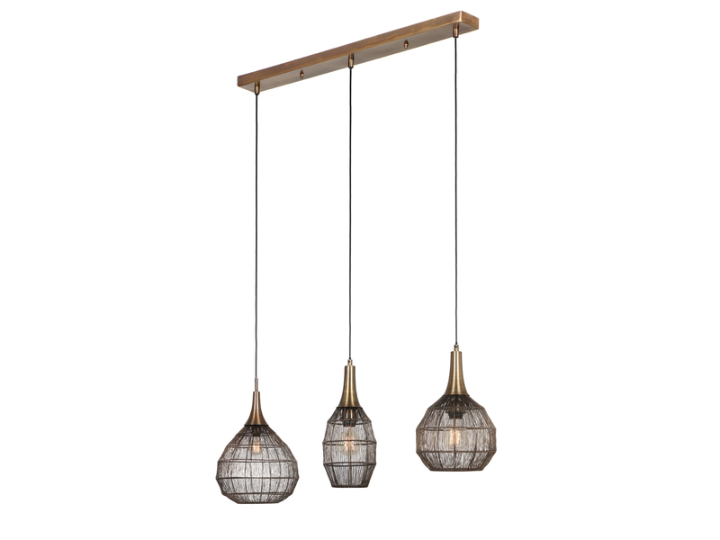 LED Pendelleuchte 3-flammig mit Drahtgeflecht Altmessing, Breite 86cm