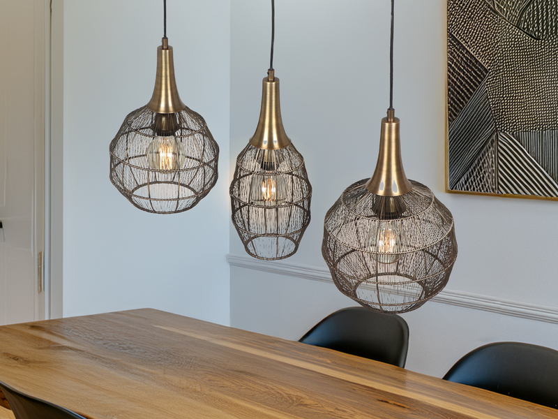 LED Pendelleuchte 3-flammig mit Drahtgeflecht Altmessing, Breite 86cm