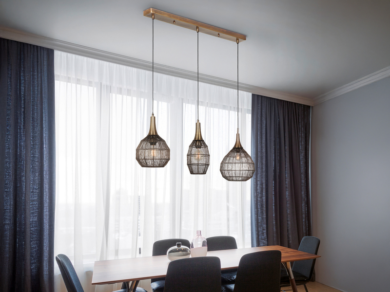 LED Pendelleuchte 3-flammig mit Drahtgeflecht Altmessing, Breite 86cm