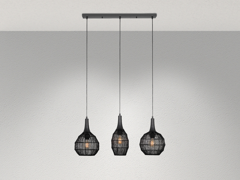 LED Pendelleuchte 3-flammig mit Drahtgeflecht Schwarz, Breite 86cm