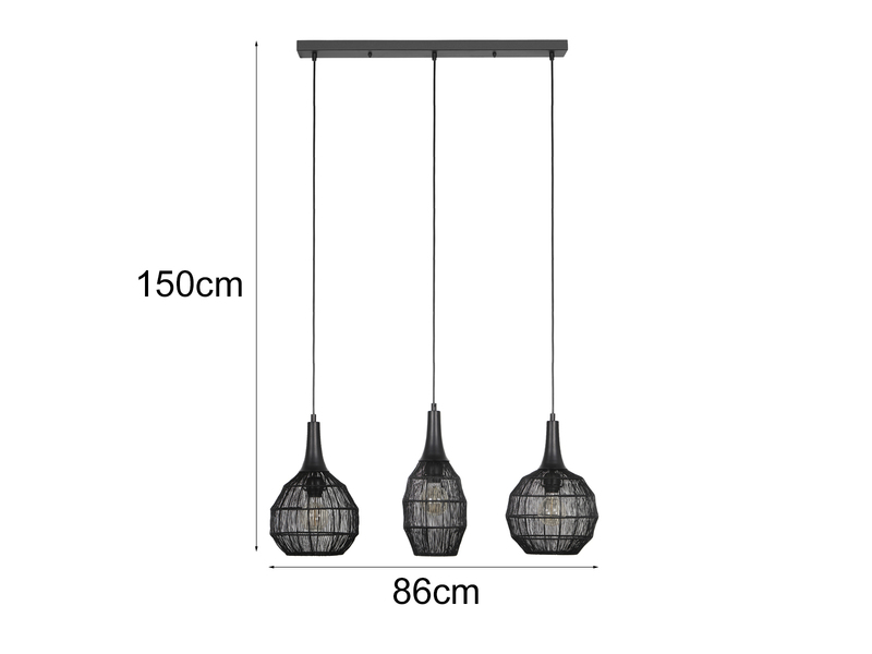 LED Balkenpendelleuchte 3-flammig mit Drahtgeflecht Schwarz, Breite 86cm