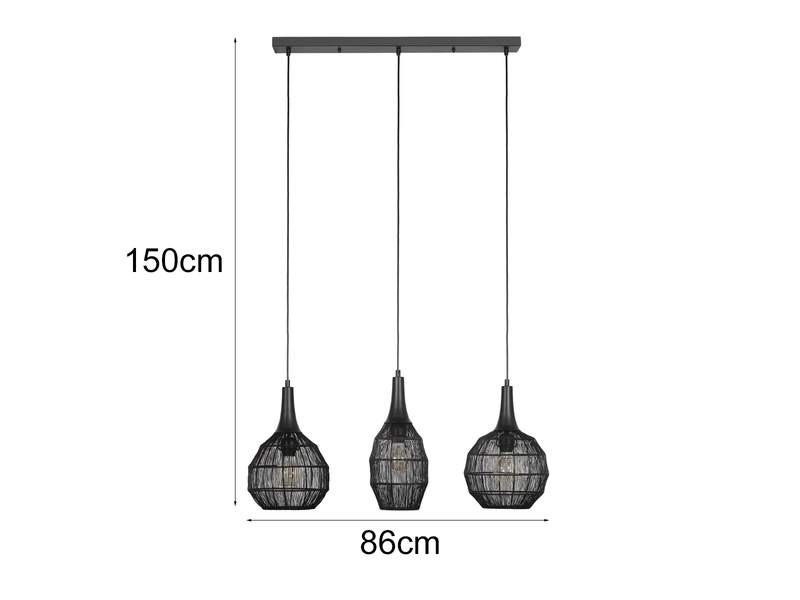 LED Pendelleuchte 3-flammig mit Drahtgeflecht Schwarz, Breite 86cm