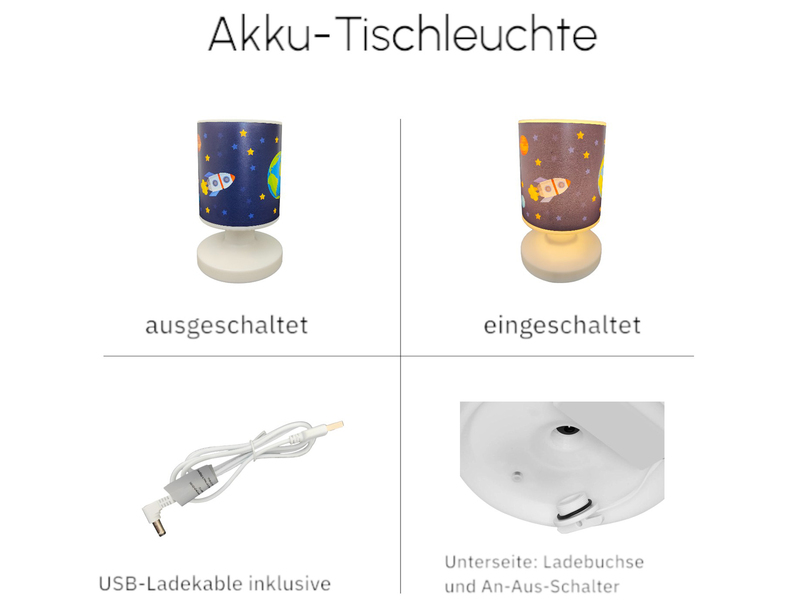 LED Akku Tischleuchte mit Weltall Motiven per USB aufladbar, Höhe 20cm