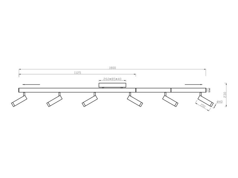 Ausziehbarer LED Deckenstrahler ZENO mit 6 Spots Schwarz, max. Breite 180cm