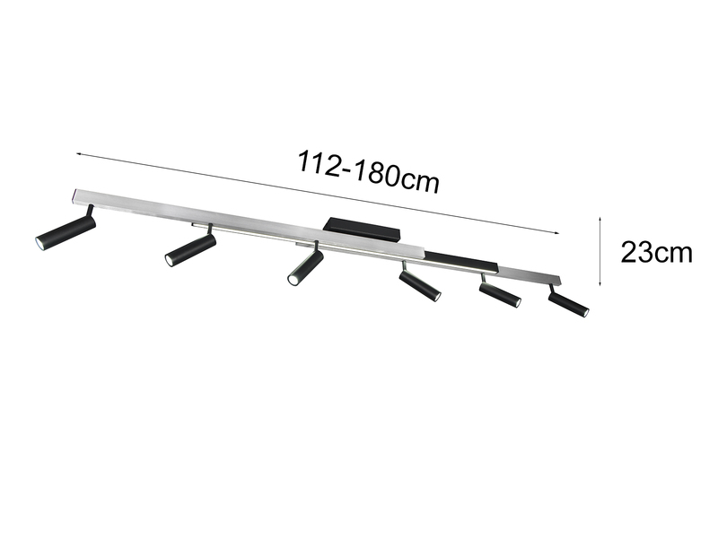 Ausziehbarer LED Deckenstrahler ZENO 6 Spots Schwarz Silber, max. Breite 180cm