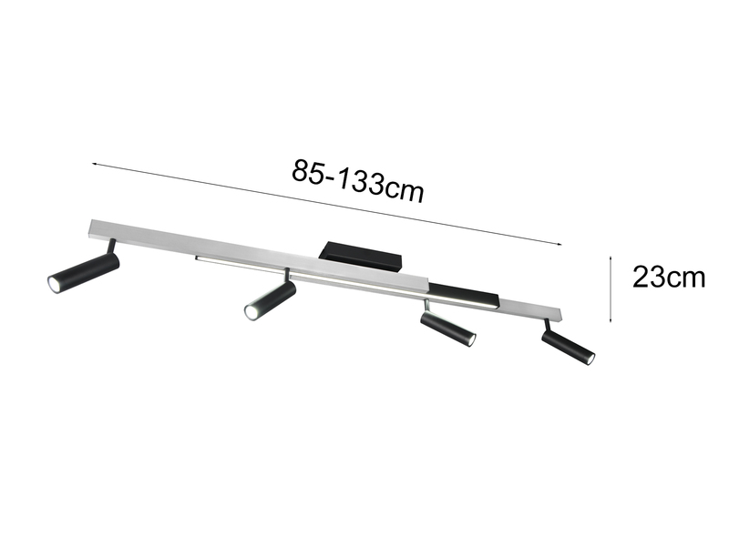 Ausziehbarer LED Deckenstrahler ZENO 4 Spots Schwarz Silber, max. Breite 133cm