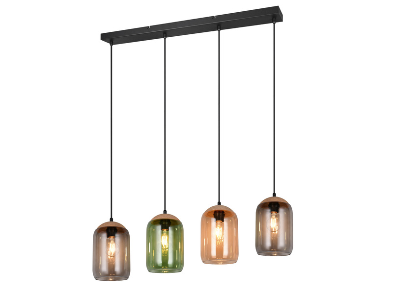 Balkenpendelleuchte CORK mit bunten Lampenschirmen aus recyceltem Glas, B: 90cm