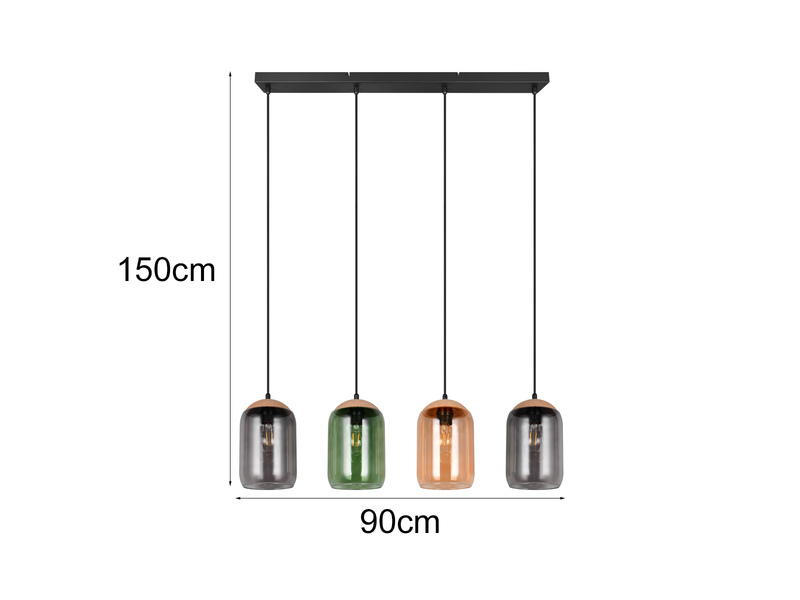 Balkenpendelleuchte CORK mit bunten Lampenschirmen aus recyceltem Glas, B: 90cm