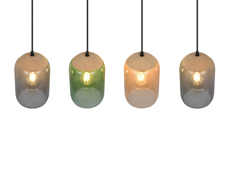 Balkenpendelleuchte CORK mit bunten Lampenschirmen aus recyceltem Glas, B: 90cm