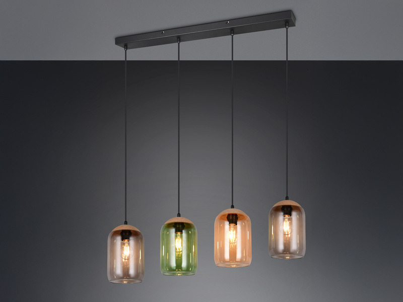 Balkenpendelleuchte CORK mit bunten Lampenschirmen aus recyceltem Glas, B: 90cm