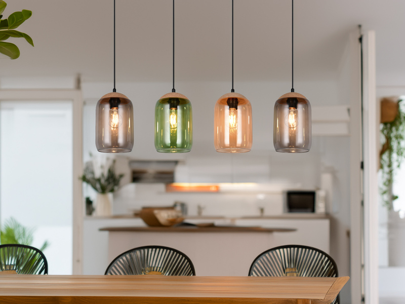 Balkenpendelleuchte CORK mit bunten Lampenschirmen aus recyceltem Glas, B: 90cm