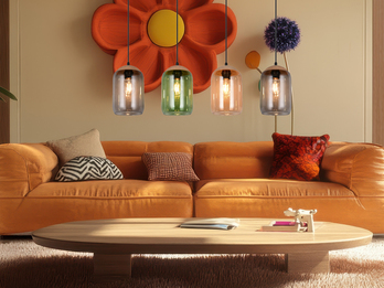 Pendelleuchte CORK, Lampenschirme bunt aus recyceltem Glas, Breite 90cm