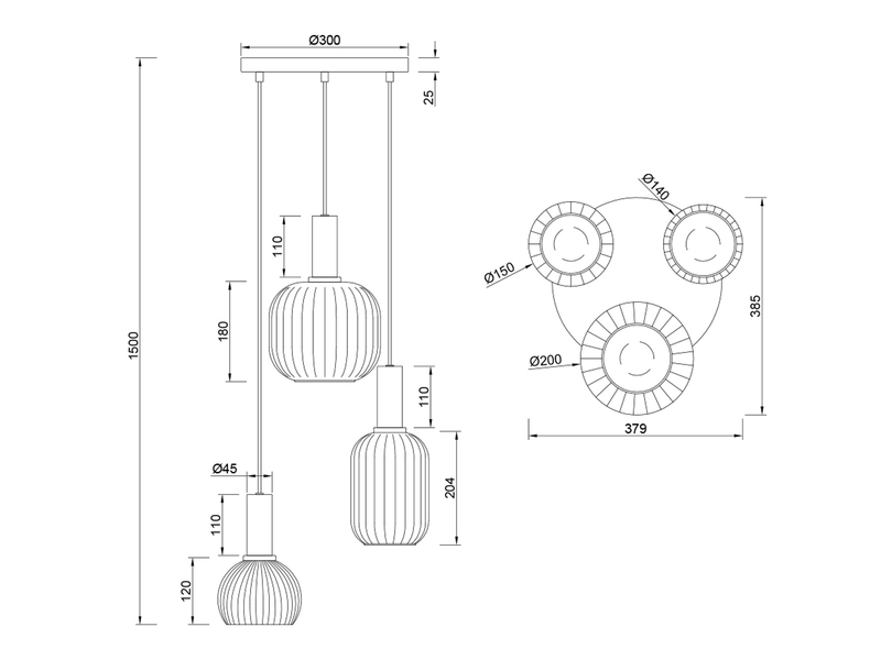 Cluster Pendelleuchte DIVA 3-flammig mit Glasschirmen Chrom bedampft, Ø38cm