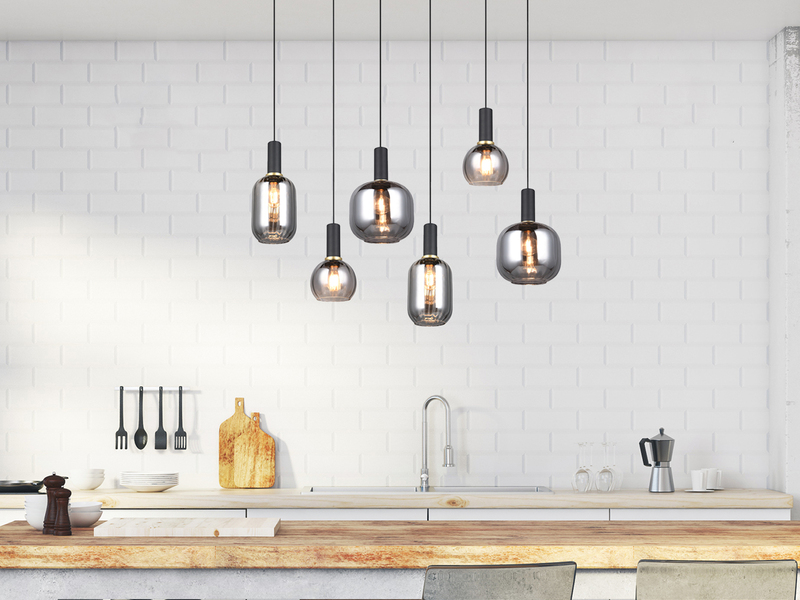 Pendelleuchte DIVA 6-flammig mit Glasschirmen Chrom bedampft, Breite 92cm