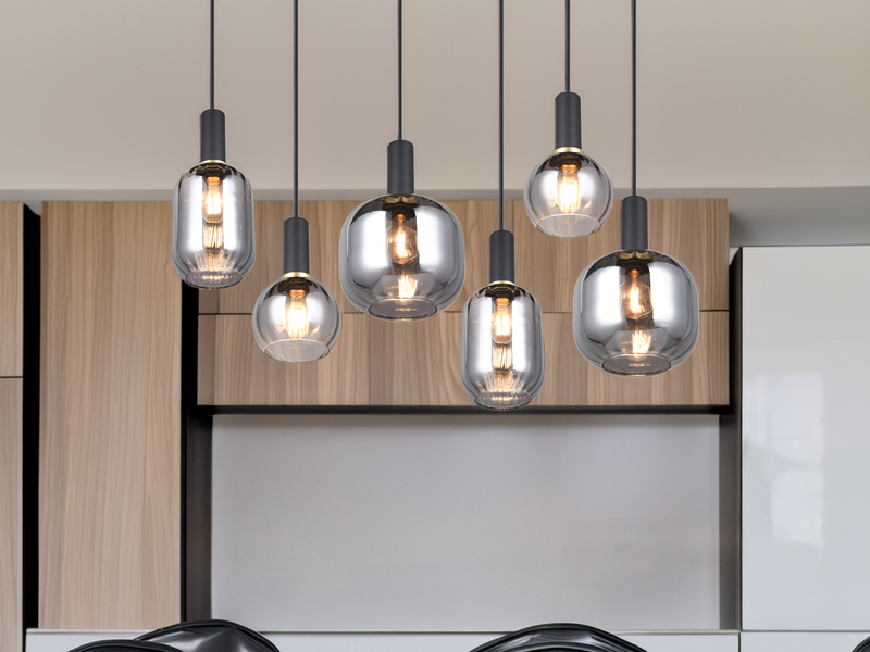 Pendelleuchte DIVA 6-flammig mit Glasschirmen Chrom bedampft, Breite 92cm