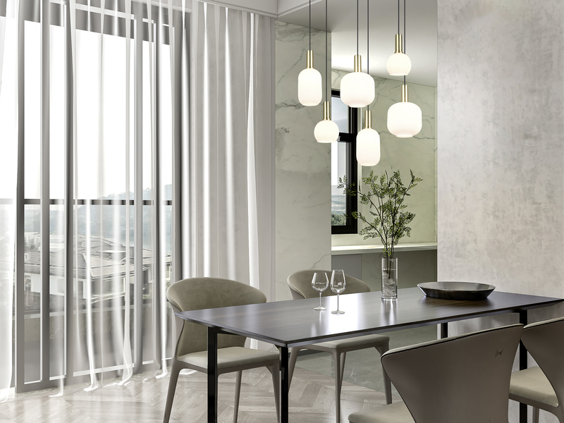 Retro Pendelleuchte DIVA 6-flammig mit Glasschirmen in Weiß, Breite 92cm