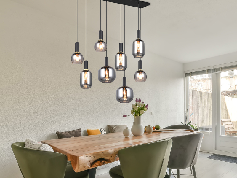 Pendelleuchte DIVA 8-flammig mit Glasschirmen Chrom bedampft, Breite 120cm