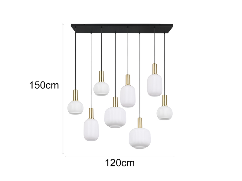 Retro Pendelleuchte DIVA 8-flammig mit Glasschirmen in Weiß, Breite 120cm