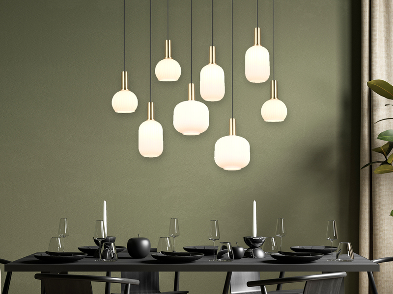 Retro Pendelleuchte DIVA 8-flammig mit Glasschirmen in Weiß, Breite 120cm