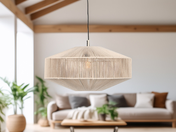 Große Boho Pendelleuchte SVEA Lampenschirm aus Baumwolle Beige Ø 61cm