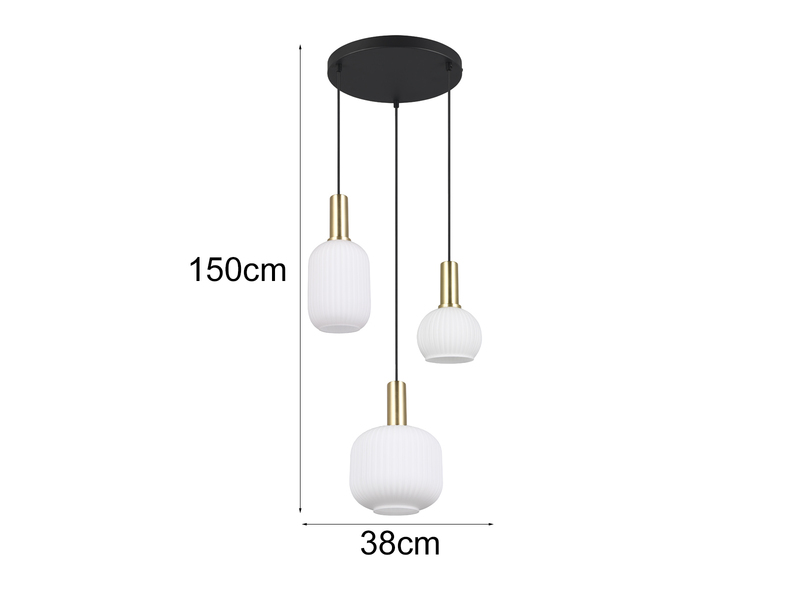 Retro Cluster LED Pendelleuchte 3-flammig mit Glasschirmen in Weiß, Ø38cm