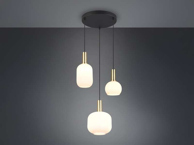 Retro Cluster LED Pendelleuchte 3-flammig mit Glasschirmen in Weiß, Ø38cm