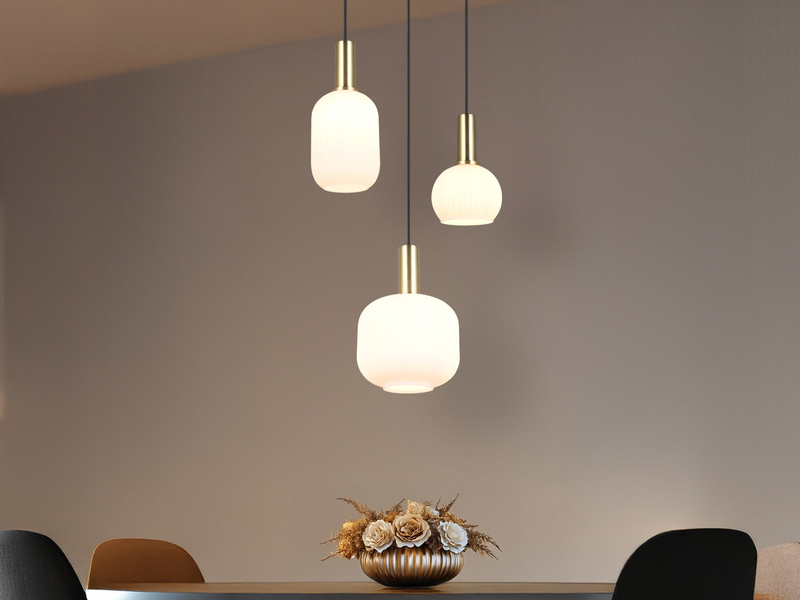 Retro Cluster LED Pendelleuchte 3-flammig mit Glasschirmen in Weiß, Ø 38cm