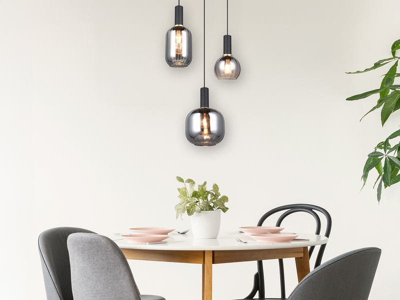 Cluster Pendelleuchte 3-flammig Glasschirme Chrom bedampft mit E27 LED, Ø 38cm