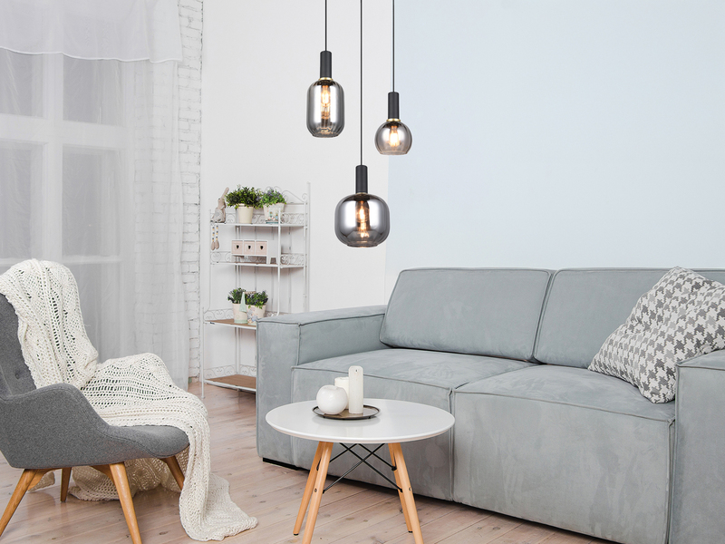 Cluster Pendelleuchte 3-flammig Glasschirme Chrom bedampft mit E27 LED, Ø 38cm