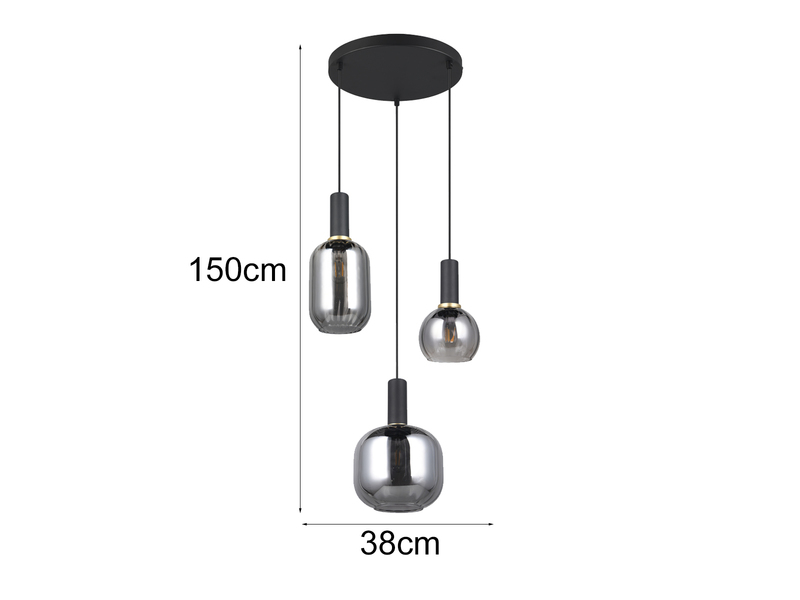 Cluster Pendelleuchte 3-flammig Glasschirme Chrom bedampft mit E27 LED, Ø 38cm