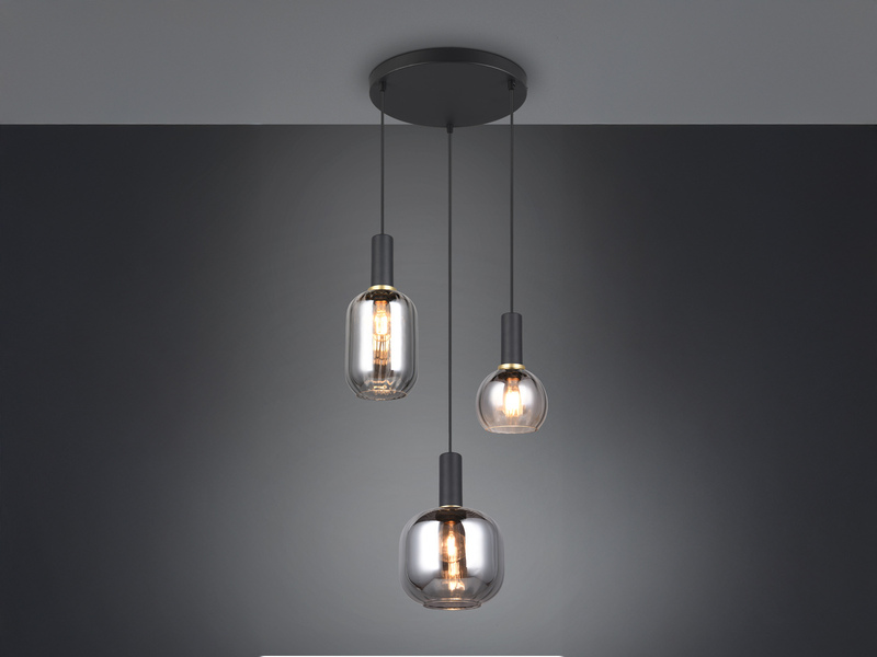 Cluster Pendelleuchte 3-flammig Glasschirme Chrom bedampft mit E27 LED, Ø 38cm