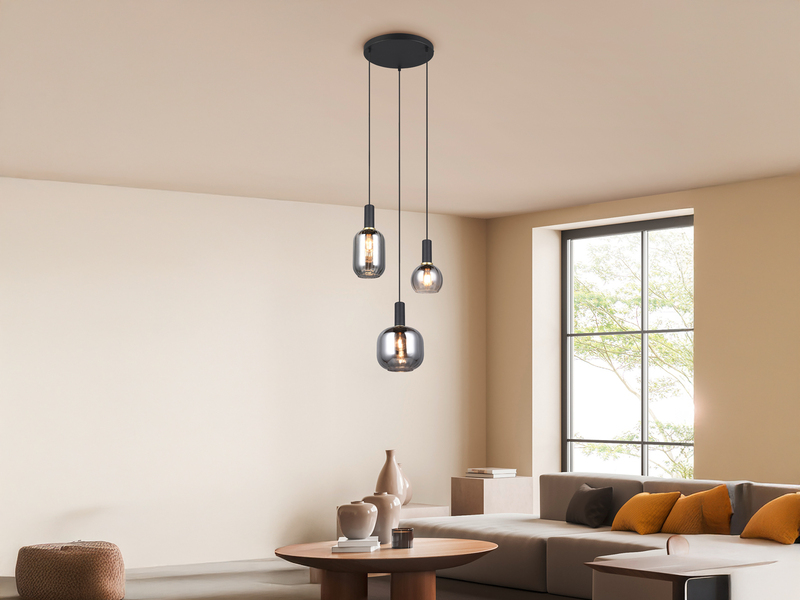 Cluster Pendelleuchte 3-flammig Glasschirme Chrom bedampft mit E27 LED, Ø 38cm