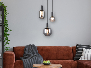 Cluster Pendelleuchte 3-flammig Glasschirme Chrom bedampft mit E27 LED, Ø 38cm Cluster Pendelleuchte 3-flammig Glasschirme Chrom bedampft mit E27 LED, Ø 38cm