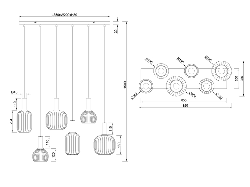 Retro LED Balkenpendelleuchte 6-flammig mit Glasschirmen in Weiß, Breite 92cm