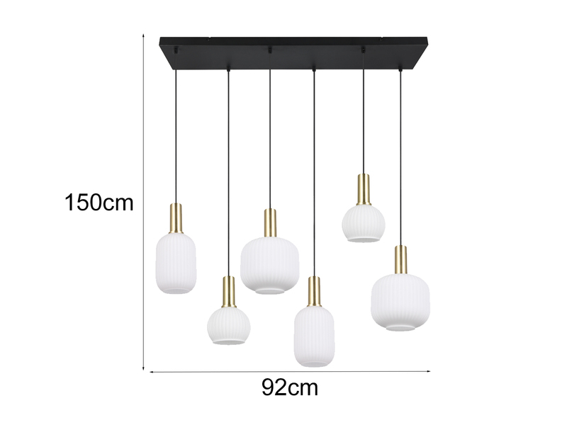 Retro LED Balkenpendelleuchte 6-flammig mit Glasschirmen in Weiß, Breite 92cm