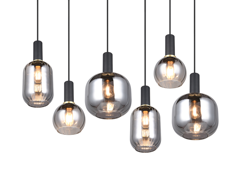 Pendelleuchte 6-flammig Glasschirme Chrom bedampft mit E27 LED, Breite 92cm