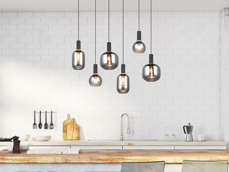 Pendelleuchte 6-flammig Glasschirme Chrom bedampft mit E27 LED, Breite 92cm
